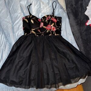 Floral Embroidered Black Mini Dress